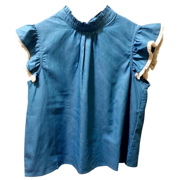 NWT Voy Blue Sleeveless Ruffle Top With Tie Back~Fringe Tip Sleeve~Size LARGE - Picture 5 of 8